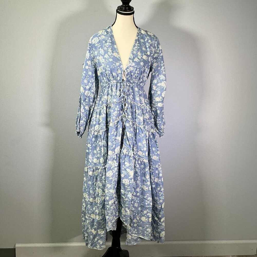 Free People Pappiet Blue Floral Tiered Midi Dress
